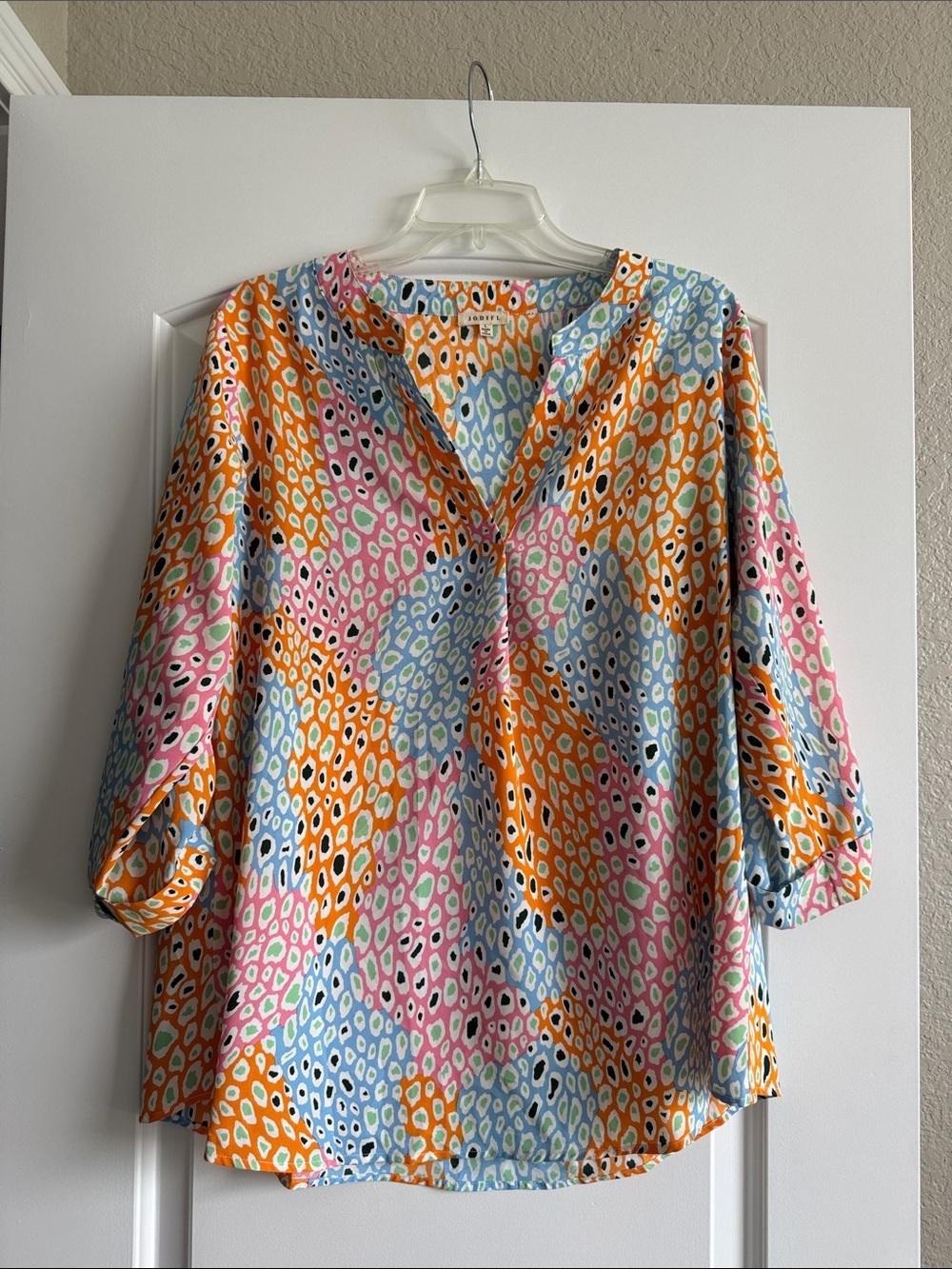 JODIFL Multicolor Ikat Print V-Neck Blouse - Orange, Pink, Blue, Green, Cream